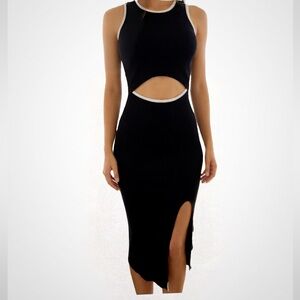 Club Monaco Elegant Black Cutout Midi  Dress with White Accents